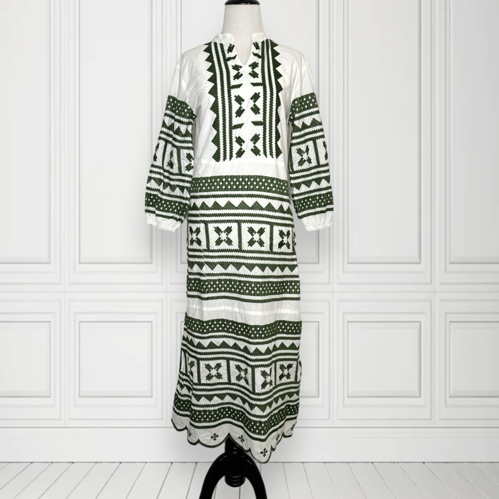 Julia Amory Scalloped Hem Caftan Dress White and Green NWT